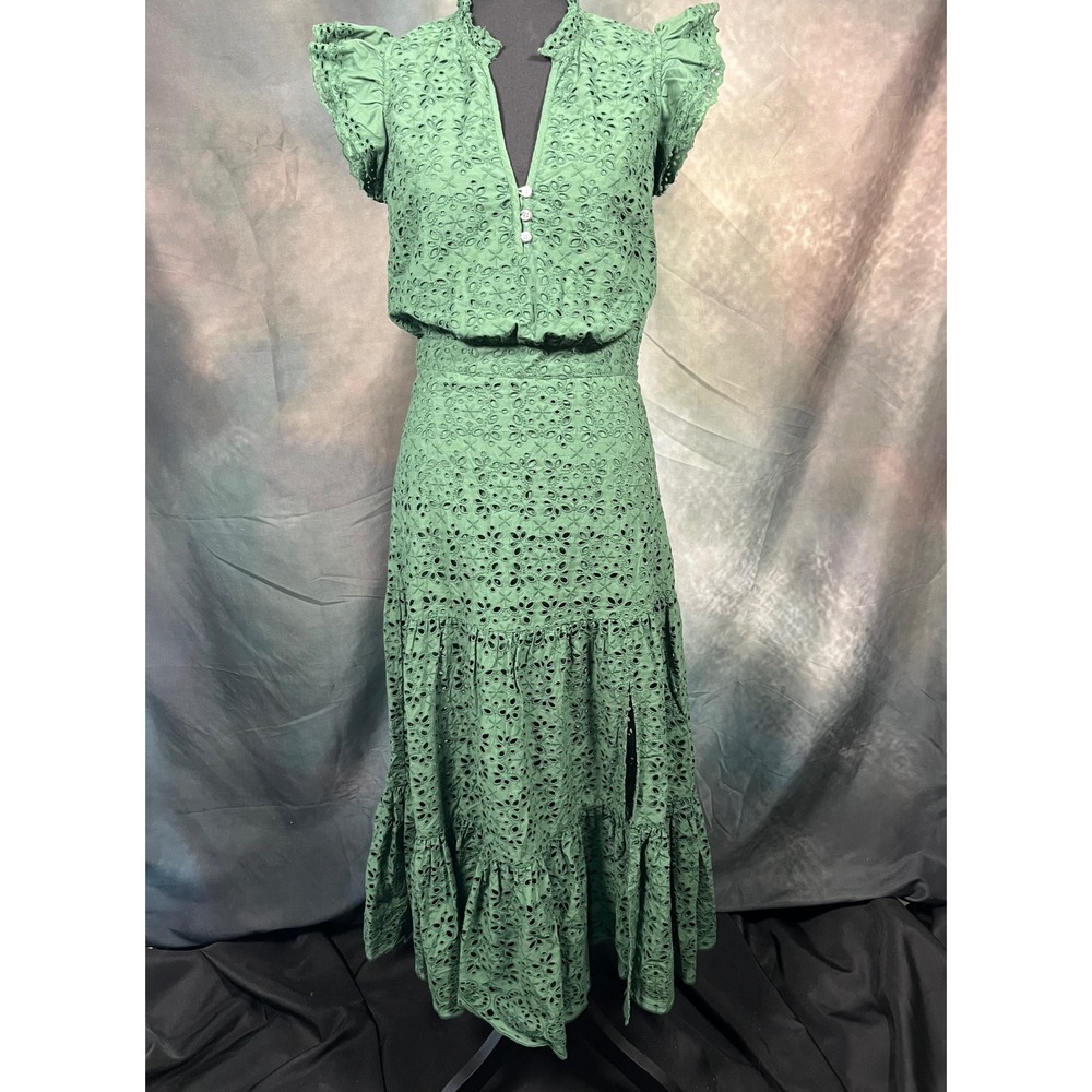 Veronica Beard Green Eyelet Maxi Dress V-Neck Flutter Sleeve Tiered Size 2